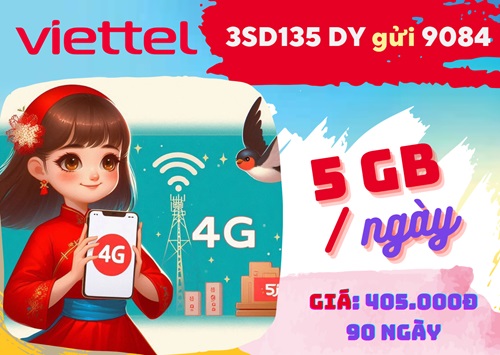 Gói cước 3SD135 Viettel: Ưu đãi 5GB DATA mỗi ngày, dùng 3 tháng