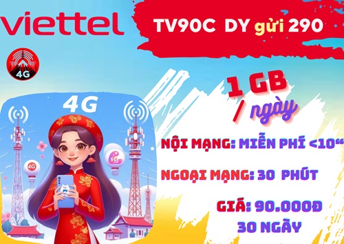 Gói cước TV90C Viettel: Có 1GB mỗi ngày, gọi thả ga, chu kỳ 30 ngày