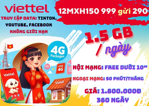 Gói cước 12MXH150 Viettel online, gọi thoại, lướt mạng xã hội giá rẻ cả năm