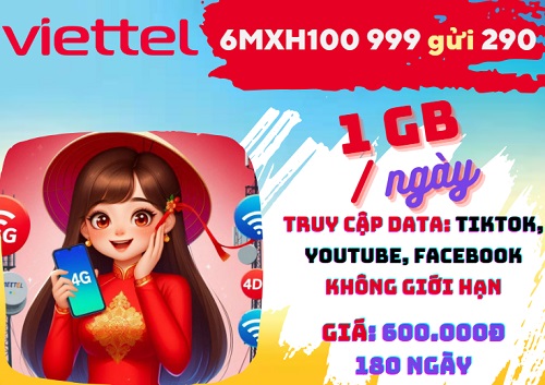 Gói cước 6MXH100 Viettel có 180GB data, miễn phí Youtube, Facebook, Tiktok nửa năm