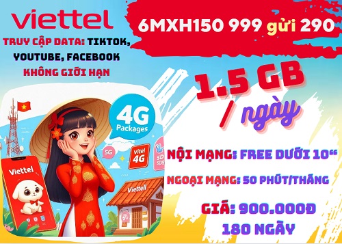 Gói cước 6MXH150 Viettel nhận nửa năm online, gọi thoại, lướt mạng xã hội thả ga