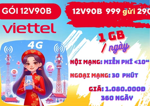 Gói cước 12V90B Viettel: Ưu đãi 1 GB mỗi ngày, gọi thả ga, dùng 1 năm