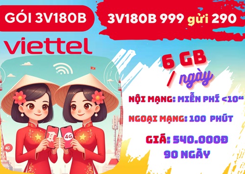 Gói cước 3V180B Viettel: 6GB mỗi ngày, gọi thả ga, chu kỳ 90 ngày