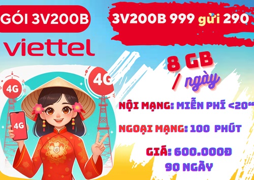 Gói cước 3V200B Viettel ưu đãi 720GB data miễn phí gọi 3 tháng, giá 600.000đ