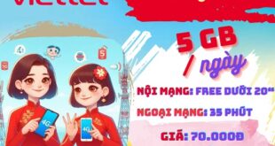 Gói 7N Viettel: 5GB/ngày, gọi miễn phí, chỉ 70k/tuần