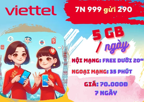 Gói 7N Viettel: 5GB/ngày, gọi miễn phí, chỉ 70k/tuần