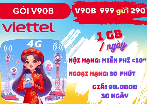 Gói cước V90B Viettel: Có 30GB, gọi thả ga, dùng 30 ngày